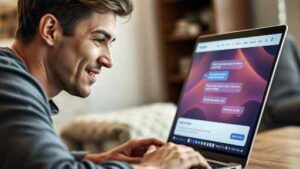 A person looking relieved and enlightened while viewing a Notion page on a laptop, with key information highlighted by AI-powered search.