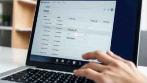 Close-up of a Notion database on a laptop screen, showing AI Autofill automatically populating a task property like 'Priority' or 'Summary'.