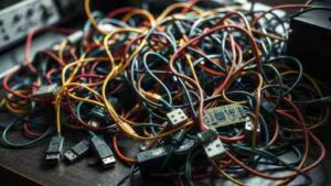 A tangled mess of wires and disconnected devices on a desk, symbolizing the confusion and complexity of over-automating a system