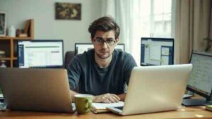 A person looking overwhelmed at a cluttered desk with multiple screens showing various task lists, symbolizing the struggle with traditional task management