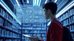 Holographic AI mentor helping a student with complex study plans using ChatGPT prompts