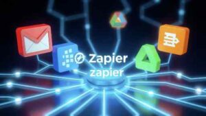 ai-workflow-automation-apps-connectivity Digital illustration showing different apps like Gmail and Slack connected via Zapier for AI workflow automation.