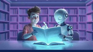 3D illustration of a student collaborating with an AI assistant using specialized prompts for learning.
