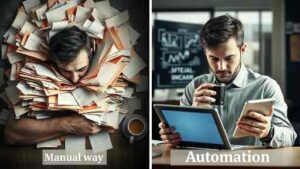 manual-tasks-vs-zapier-automation Comparison of a stressed business owner doing manual tasks versus a relaxed owner using Zapier to automate repetitive tasks.