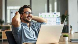 zapier-automations-small-business-2026 A small business owner using Zapier automations on a laptop in a modern office setting to save time in 2026.