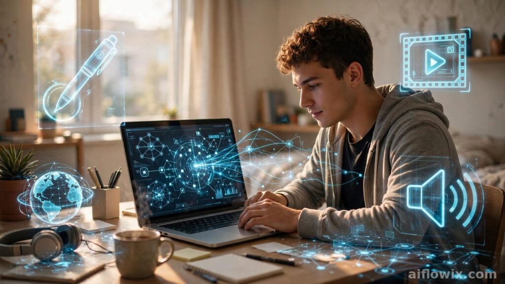 Student earning with AI freelancing for students — working on a laptop with AI workflow icons in a bright study room
