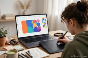 Student designing YouTube thumbnails with AI design tools — AI freelancing for students graphic design service