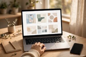 Student reviewing freelance portfolio samples on a laptop — AI freelancing for students portfolio building step