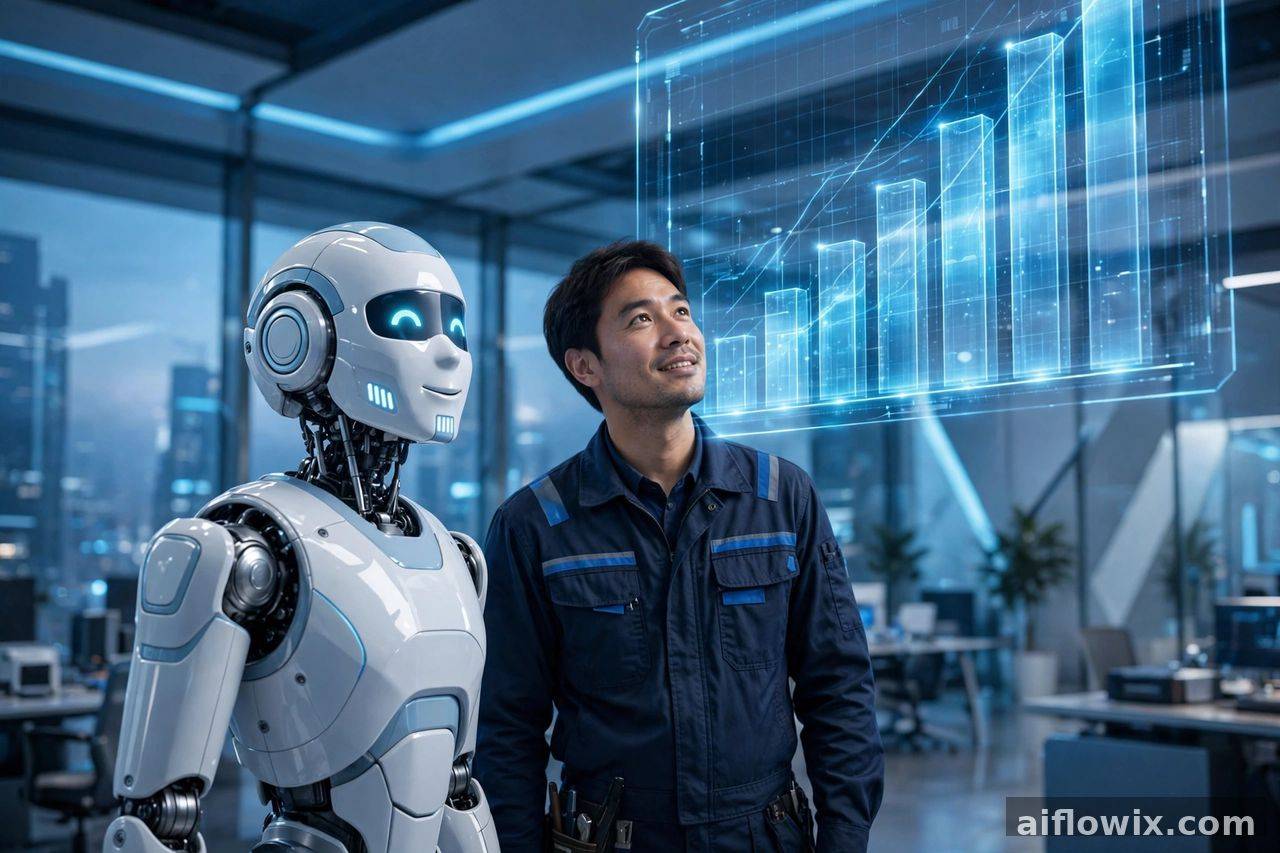 AI statistics and trends 2026 — human worker and robot looking at a rising job market chart