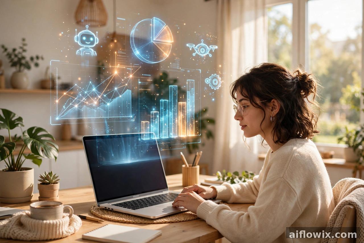 AI statistics and trends 2026 — freelancer using AI tools on a laptop with hologram charts