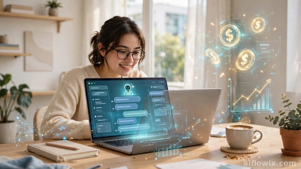 Young student working on a laptop with an AI assistant interface and floating earnings symbols, illustrating the best AI tools for students to make money