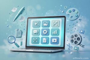Laptop showing a grid of generic AI tool icons for writing, design, video editing and research, an overview of the best AI tools for students to make money
