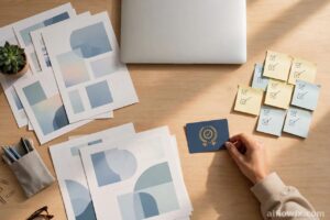 Freelancer desk with portfolio samples, checklist sticky notes and a hand placing a completed badge, showing how students use AI tools for students to make money to start freelance services