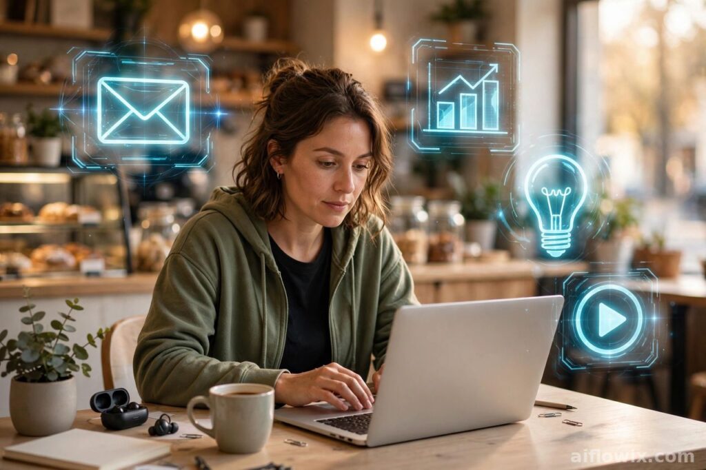 Small business owner using AI tools for small business marketing at a laptop with holographic email, analytics, ideas and video icons
