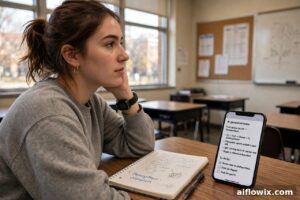 Student using Amazon Bee AI device to capture lecture notes with AI summary on phone