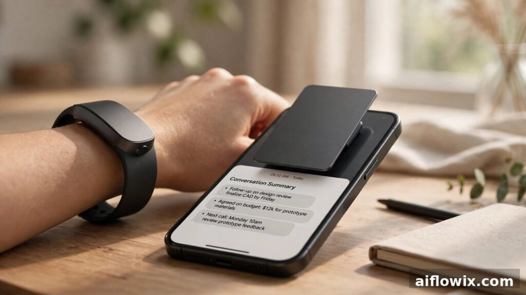 Amazon Bee AI device launch: Bee Frontier wristband and Bee Eclipse phone card with AI conversation summary on a phone