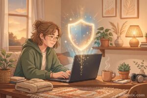 Why Anthropic OSS Scanner matters for freelancers and students: a freelancer working on a laptop protected by an AI security shield