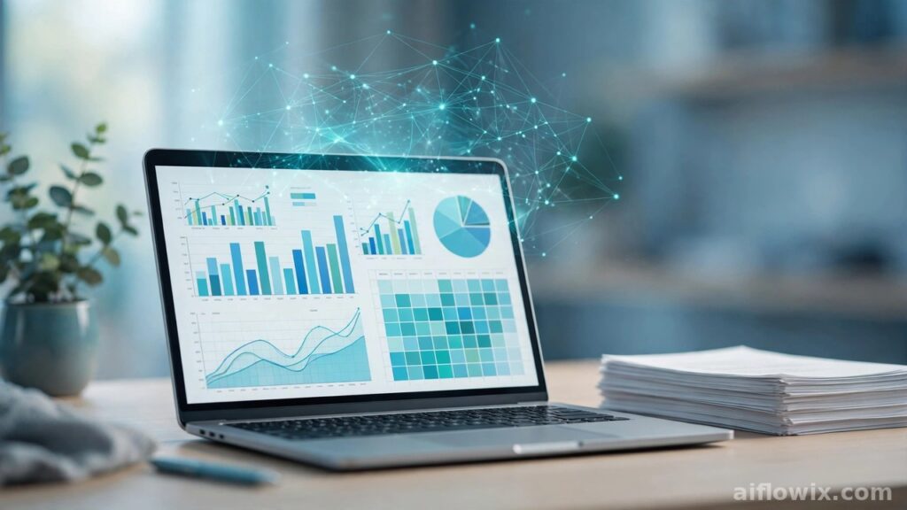 AI tools for Excel, Google Sheets and PDFs in 2026 — laptop with spreadsheet dashboards, charts and documents under a glowing AI network