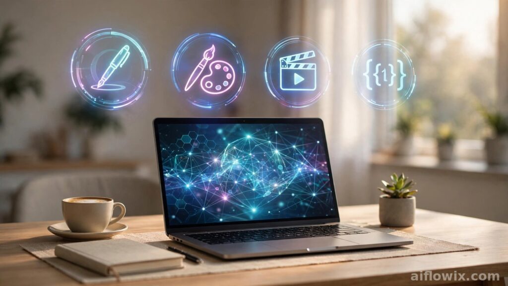 Laptop with AI tools for freelancers on a home-office desk, holographic icons for writing, design, video and coding floating above