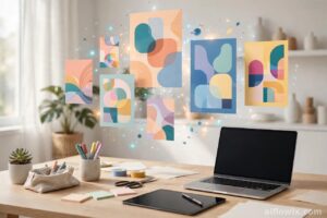 Colorful graphic designs generated with AI tools for freelancers floating above a designer's desk with laptop and tablet