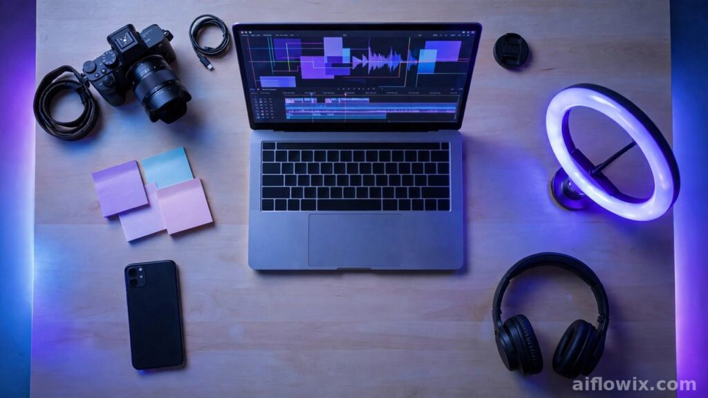 Creator desk with camera, laptop, smartphone and ring light showing the best ai tools for social media content creation