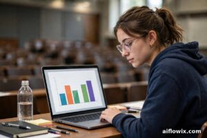 ChatGPT Slides for students — university student preparing a class presentation with charts on a lap