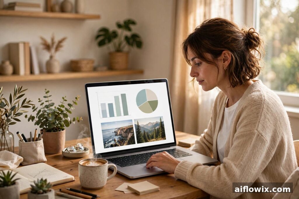 ChatGPT Slides launch — freelancer editing a presentation deck with charts and images on a laptop