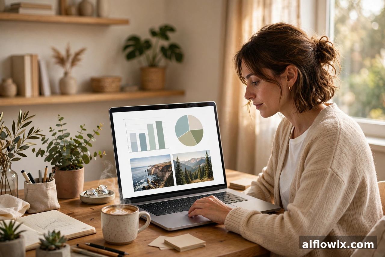 ChatGPT Slides launch — freelancer editing a presentation deck with charts and images on a laptop
