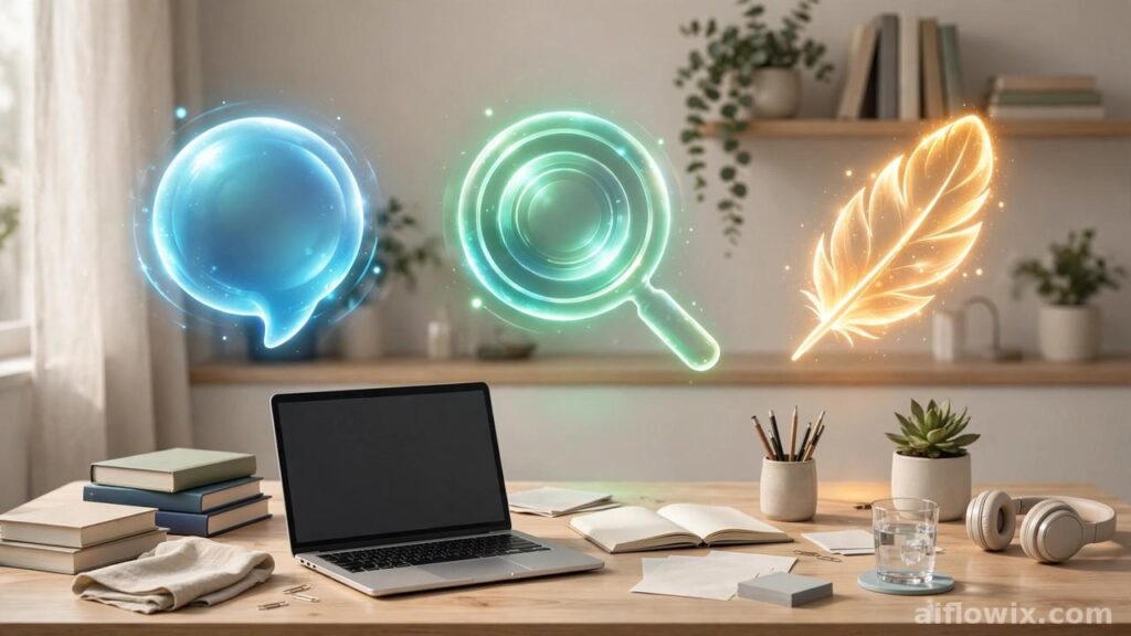 ChatGPT vs Gemini vs Claude for students compared — three AI assistants helping a student study at a desk