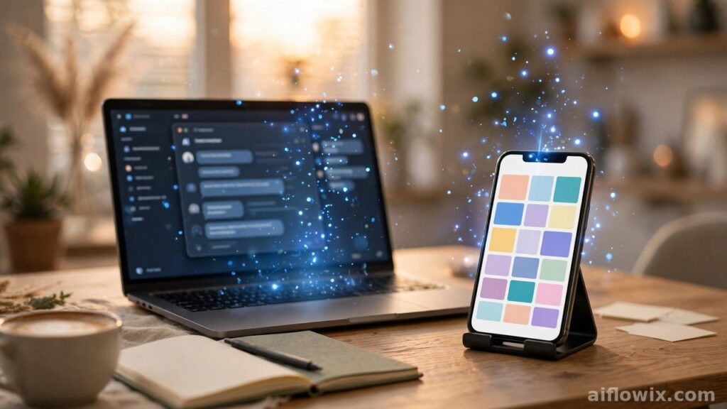 Create social media posts with AI: laptop with AI assistant and smartphone showing a colorful social media feed on a creator desk