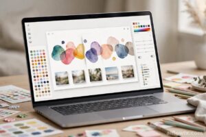 Create social media posts with AI: carousel graphic design being created on a laptop for a social media post