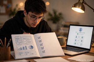 Student building a freelance portfolio with sample projects to start on freelance websites for students