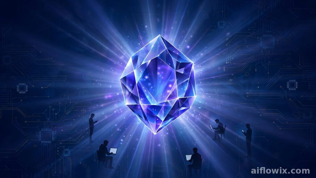 Gemini 4 Argon now available for everyone — glowing blue-purple AI gem with people using laptops and phones