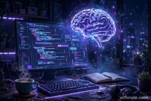 Gemini 4 Argon doing deep coding work — developer desk with code on a large monitor and a glowing AI gem