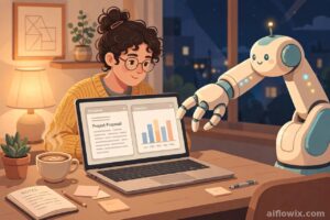 Freelancer at a home desk using the Gemini agent for work on a laptop to draft documents and charts