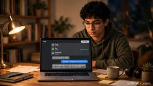 Student at a desk with a laptop showing a plan-level dropdown with some tiers locked — Gemini free plan changes