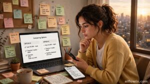 Young freelancer at a small desk with laptop and phone comparing AI plan options — Gemini free plan changes