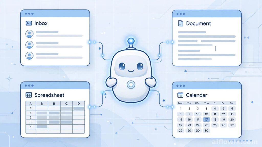 Illustration of the Gemini agent for work as an AI robot assistant connecting email, document, spreadsheet, and calendar apps