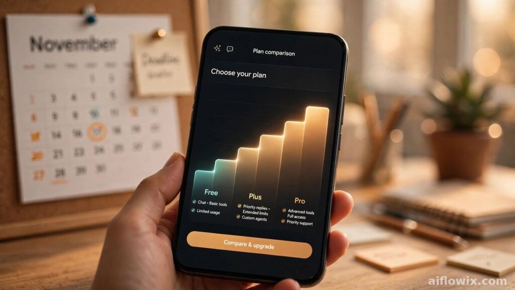 Smartphone showing an AI chat app with three plan tiers rising like steps — Gemini free plan changes October 2026