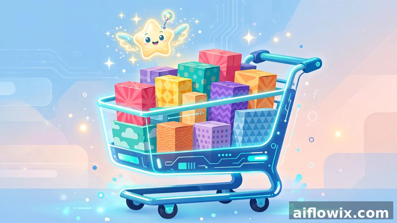 Google Universal Cart launch — glowing AI shopping cart filled with product boxes from many online stores