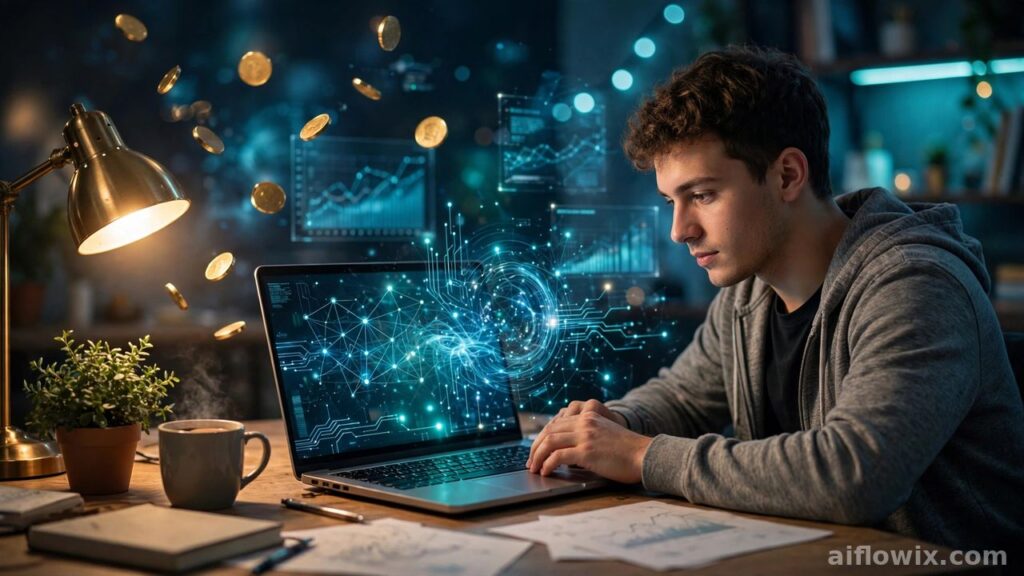 Student learning how to make money with AI as a student, working on a laptop with glowing AI graphics and floating coins
