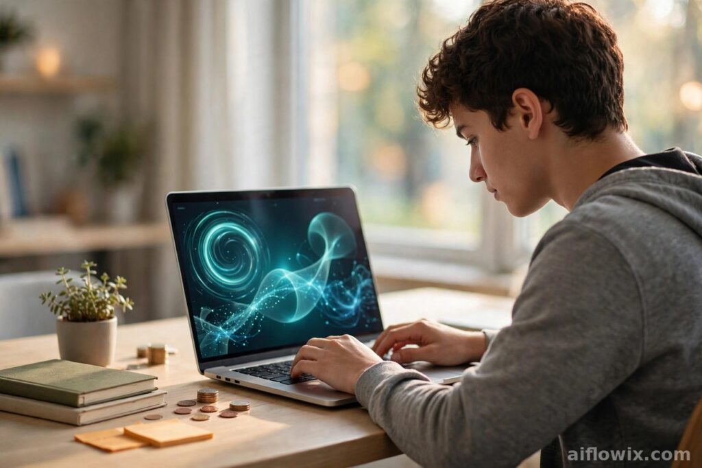 A student making money with AI writing on a laptop at a bright desk with coins and notebooks