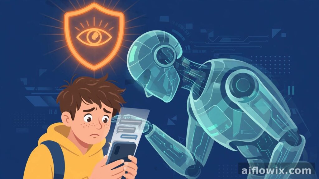AI robot agent reading private messages on a smartphone with a privacy warning shield — Meta Muse privacy questions