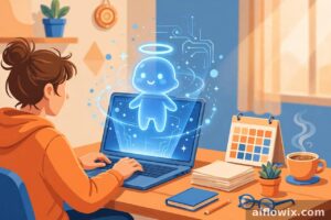 Freelancer desk with AI assistant hologram — Meta Muse Wonder helps freelancers with client work