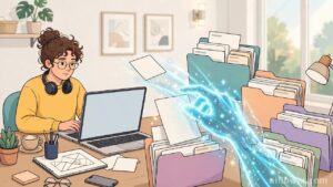 Microsoft Copilot hybrid intelligence: an AI helper sorting files for a freelancer on a laptop