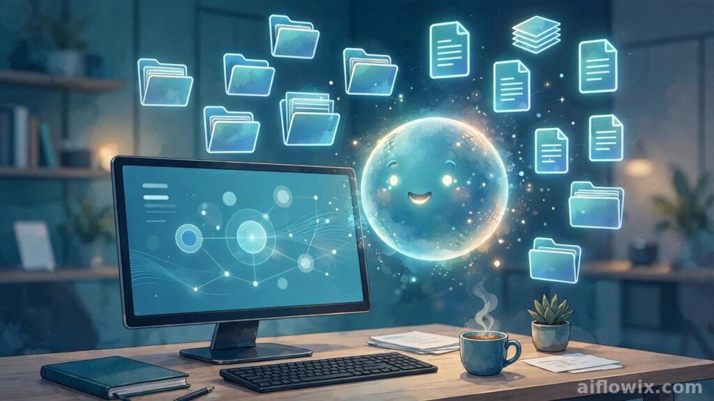 Microsoft Copilot hybrid intelligence featured image: a glowing AI assistant orb organizing files above a desktop PC