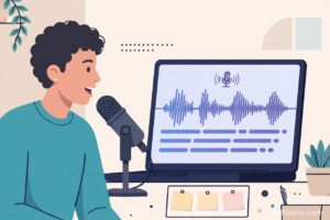 Person speaking into a microphone while a laptop shows live AI captions as sound waves — MAI-Transcribe-2-Streaming real-time transcription