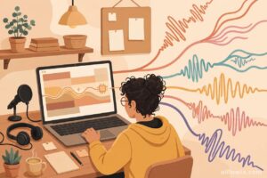 Video creator editing an AI voiceover track that branches into many language sound waves — MAI-Voice-2.1 multilingual text to speech