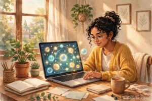 Freelancer using Mistral Large 4 AI model on laptop for client work