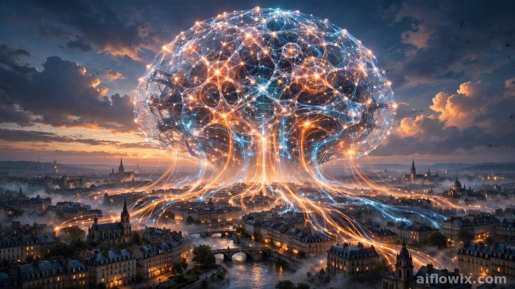 Mistral Large 4 open AI model launch — giant neural network core over a European city